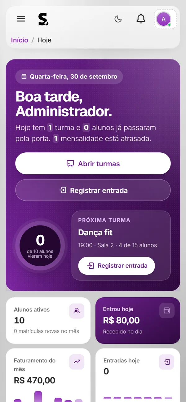 Painel do SWSIS para academia, pilates e dança no celular