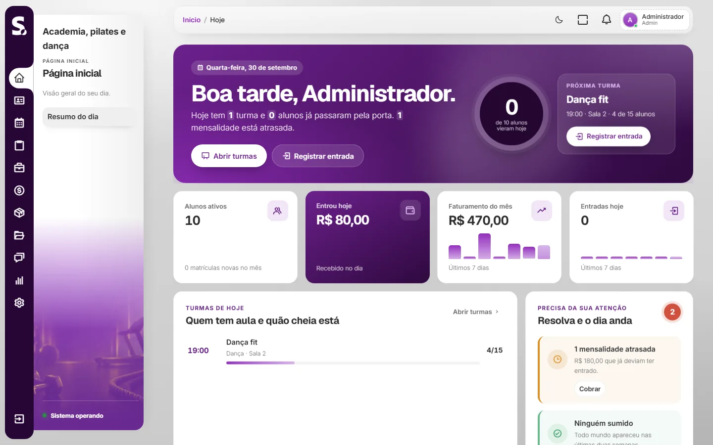 Painel do SWSIS para academia, pilates e dança no computador