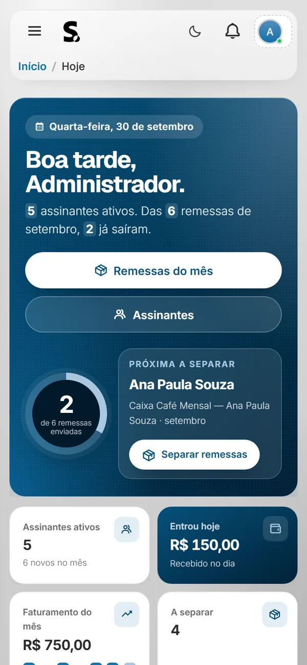 Painel do SWSIS para clube de assinatura no celular