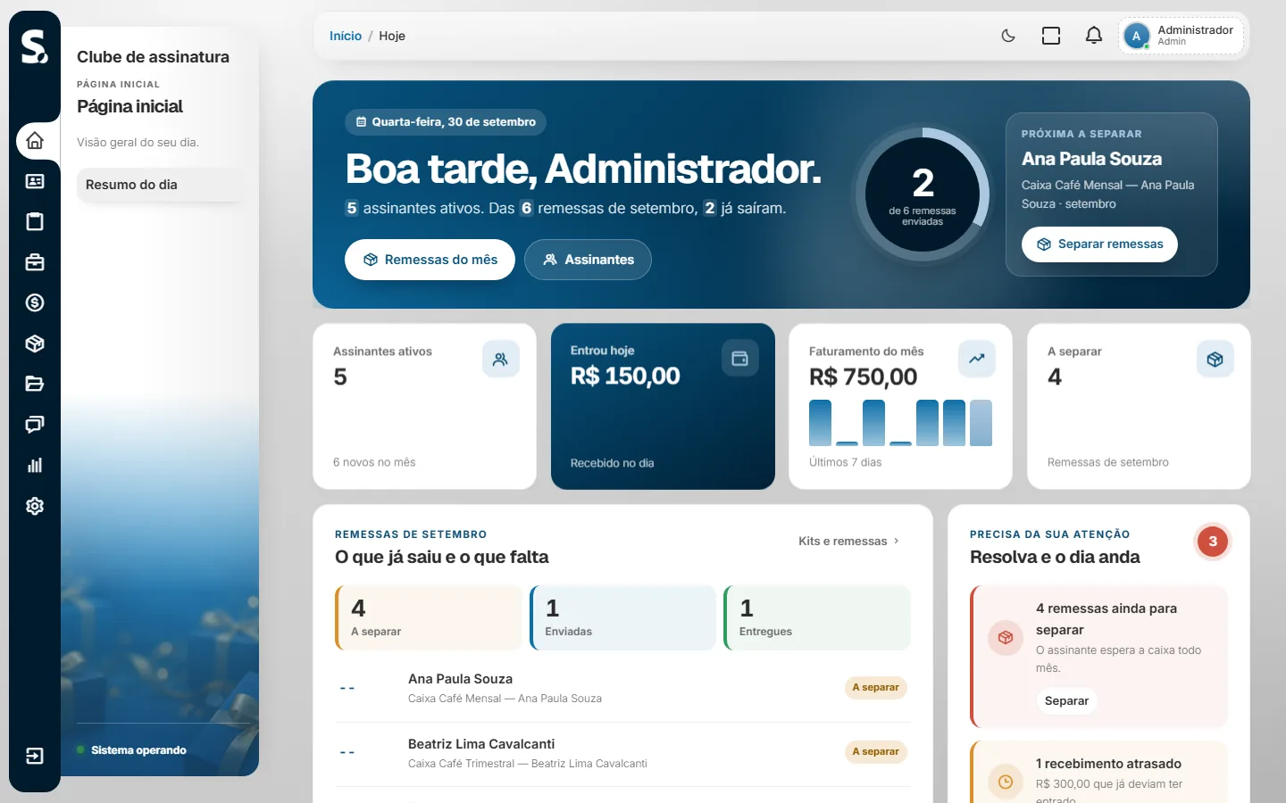 Painel do SWSIS para clube de assinatura no computador