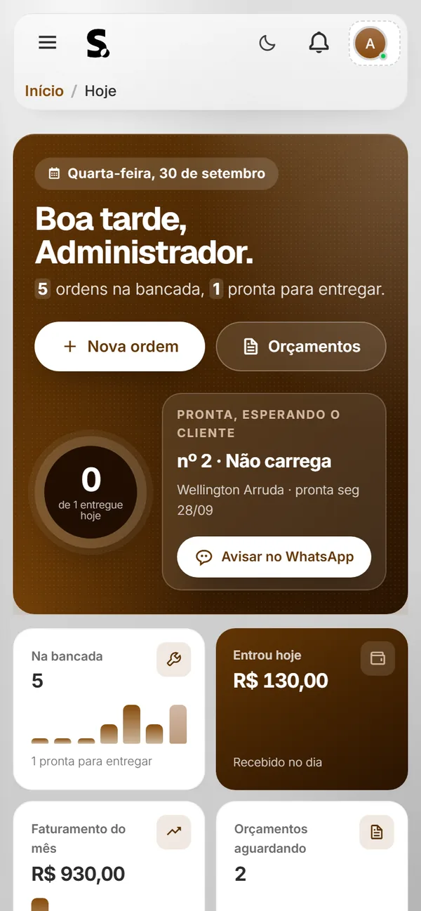 Painel do SWSIS para assistência técnica no celular