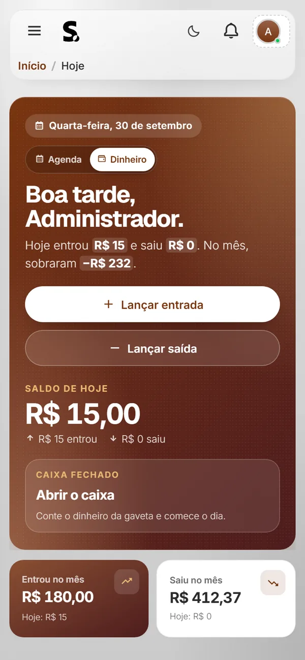 Painel do SWSIS para barbearia no celular