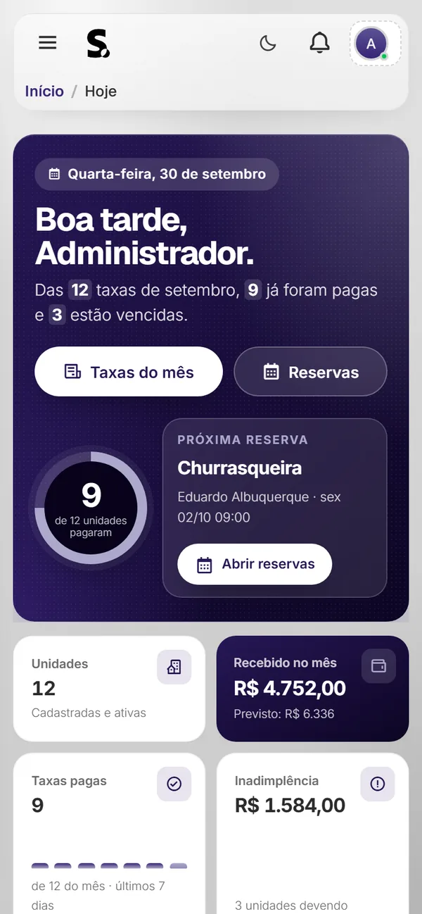 Painel do SWSIS para condomínio e síndico no celular