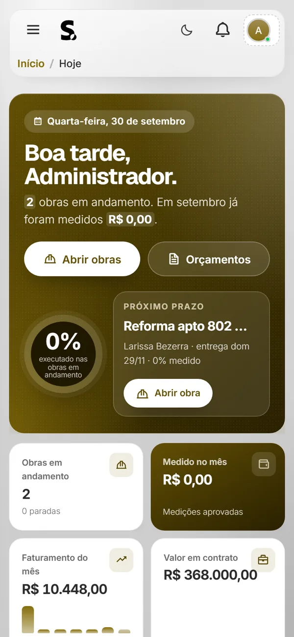 Painel do SWSIS para construtora e reformas no celular
