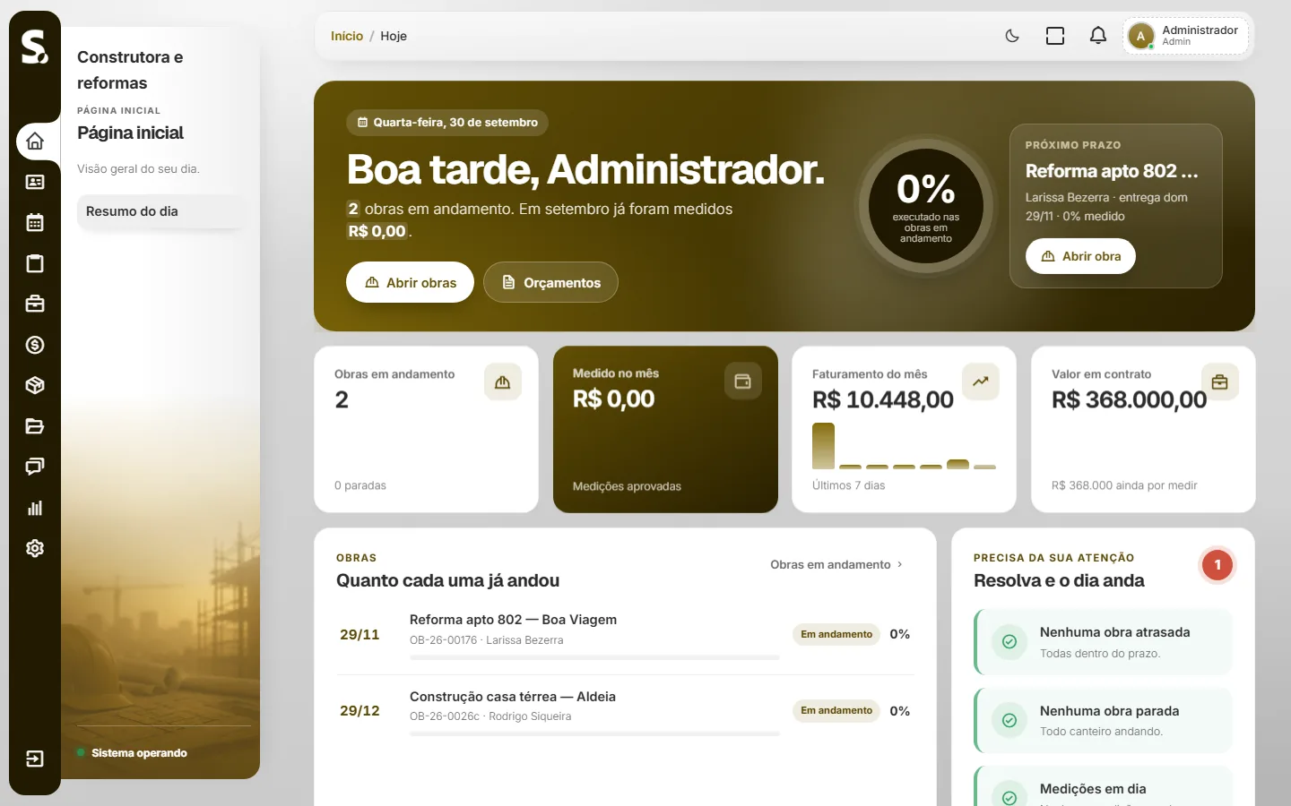 Painel do SWSIS para construtora e reformas no computador