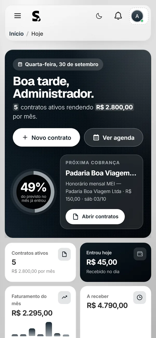Painel do SWSIS para escritório de contabilidade no celular