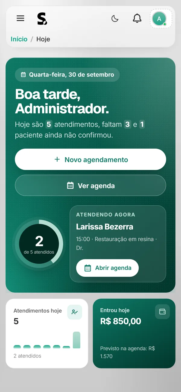 Painel do SWSIS para dentista no celular