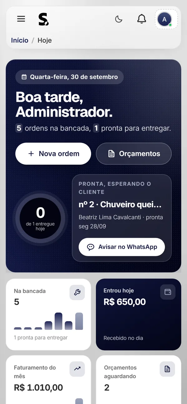 Painel do SWSIS para eletricista e encanador no celular