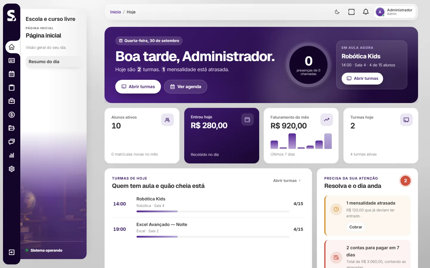 Painel do SWSIS para escola e curso livre no computador