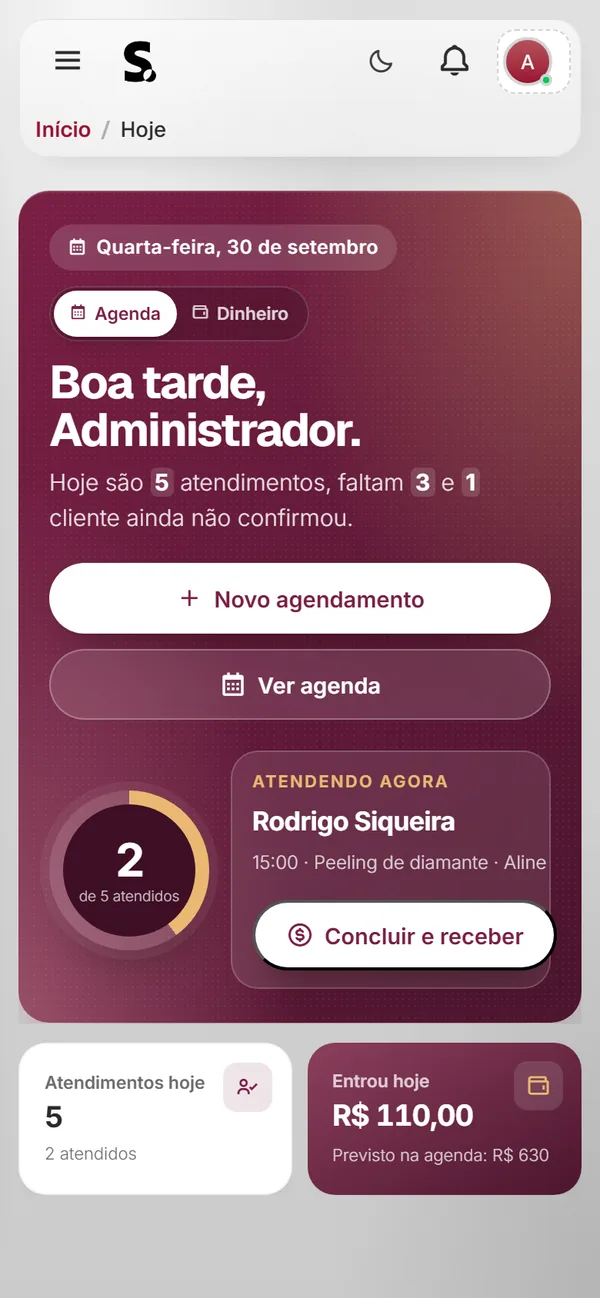 Painel do SWSIS para estética e depilação no celular