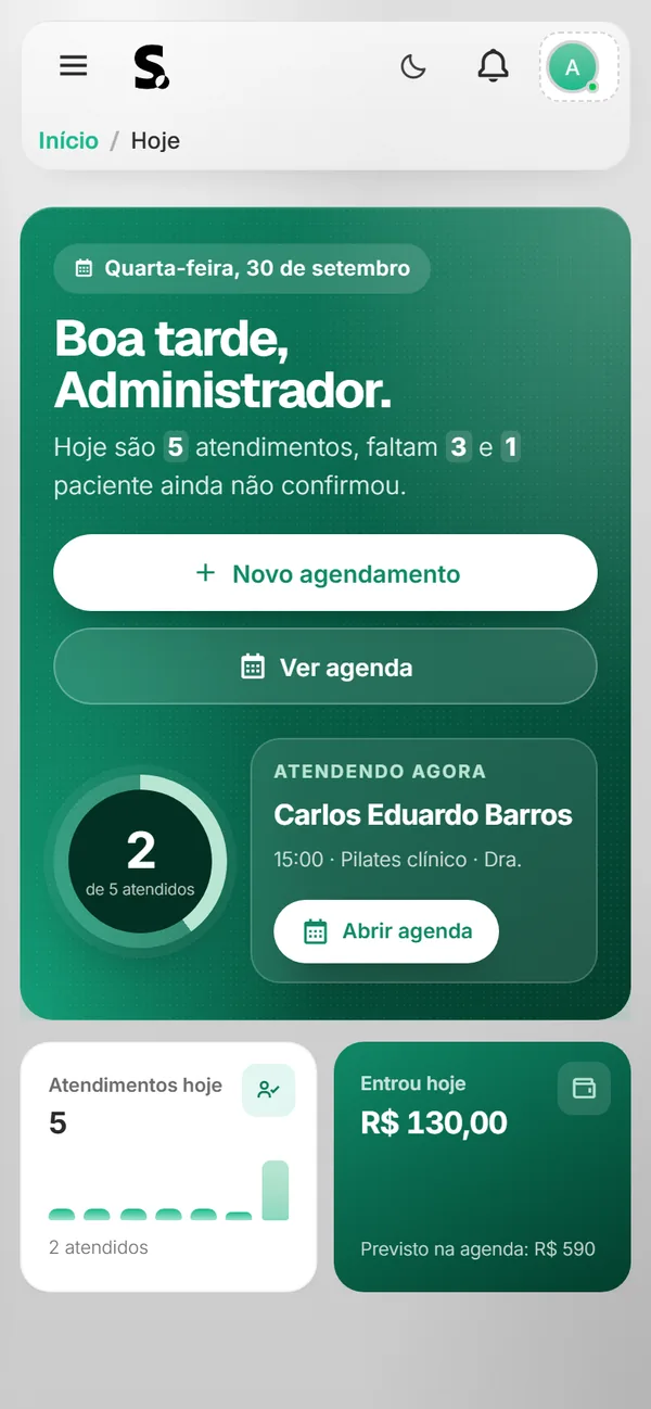 Painel do SWSIS para fisioterapeuta no celular