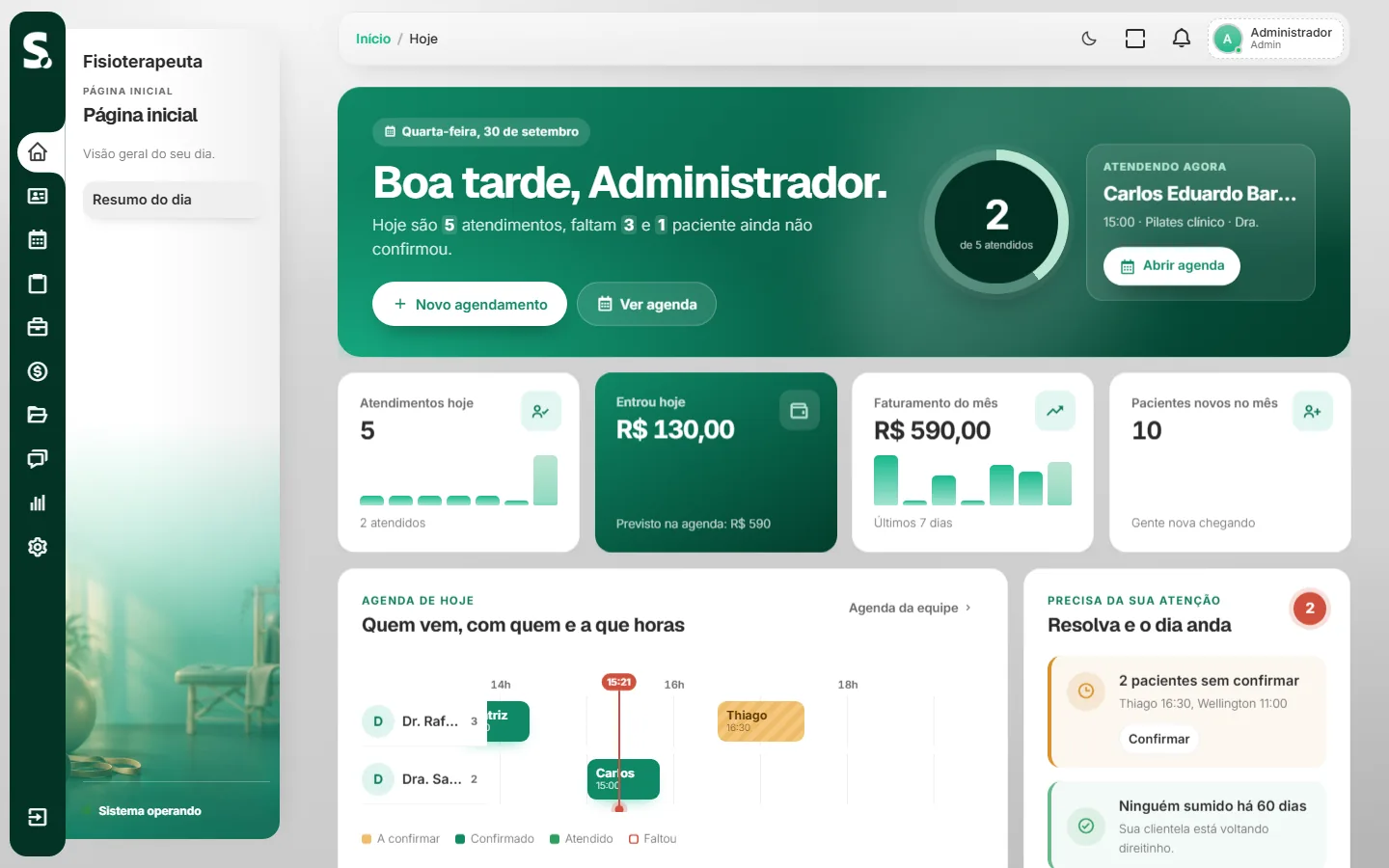 Painel do SWSIS para fisioterapeuta no computador