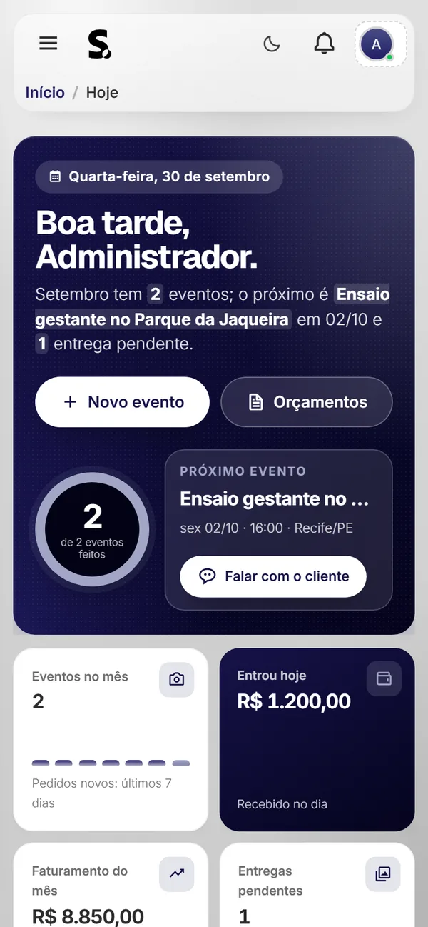 Painel do SWSIS para fotógrafo e produtora de eventos no celular