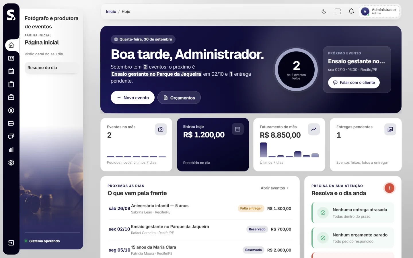 Painel do SWSIS para fotógrafo e produtora de eventos no computador