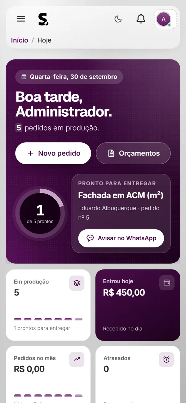 Painel do SWSIS para gráfica e comunicação visual no celular