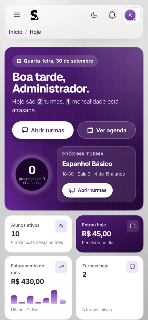 Painel do SWSIS para idiomas e reforço escolar no celular