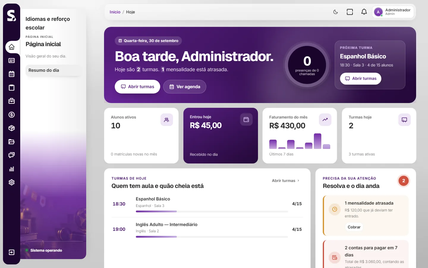 Painel do SWSIS para idiomas e reforço escolar no computador
