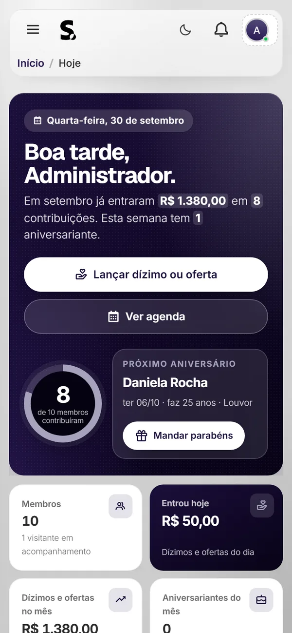 Painel do SWSIS para igreja no celular