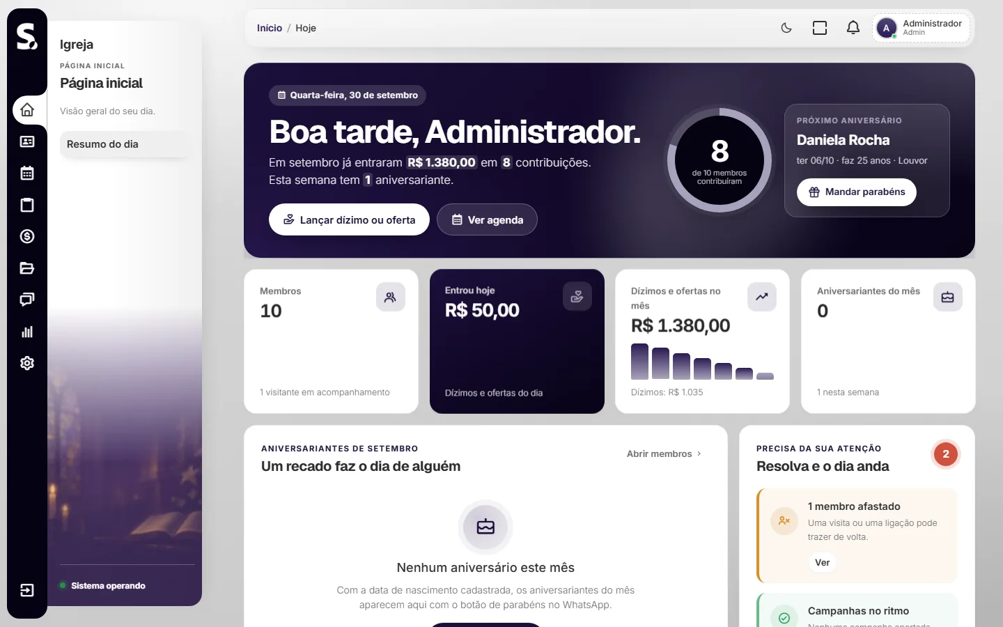 Painel do SWSIS para igreja no computador