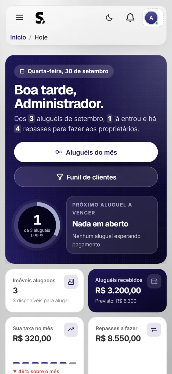 Painel do SWSIS para imobiliária no celular