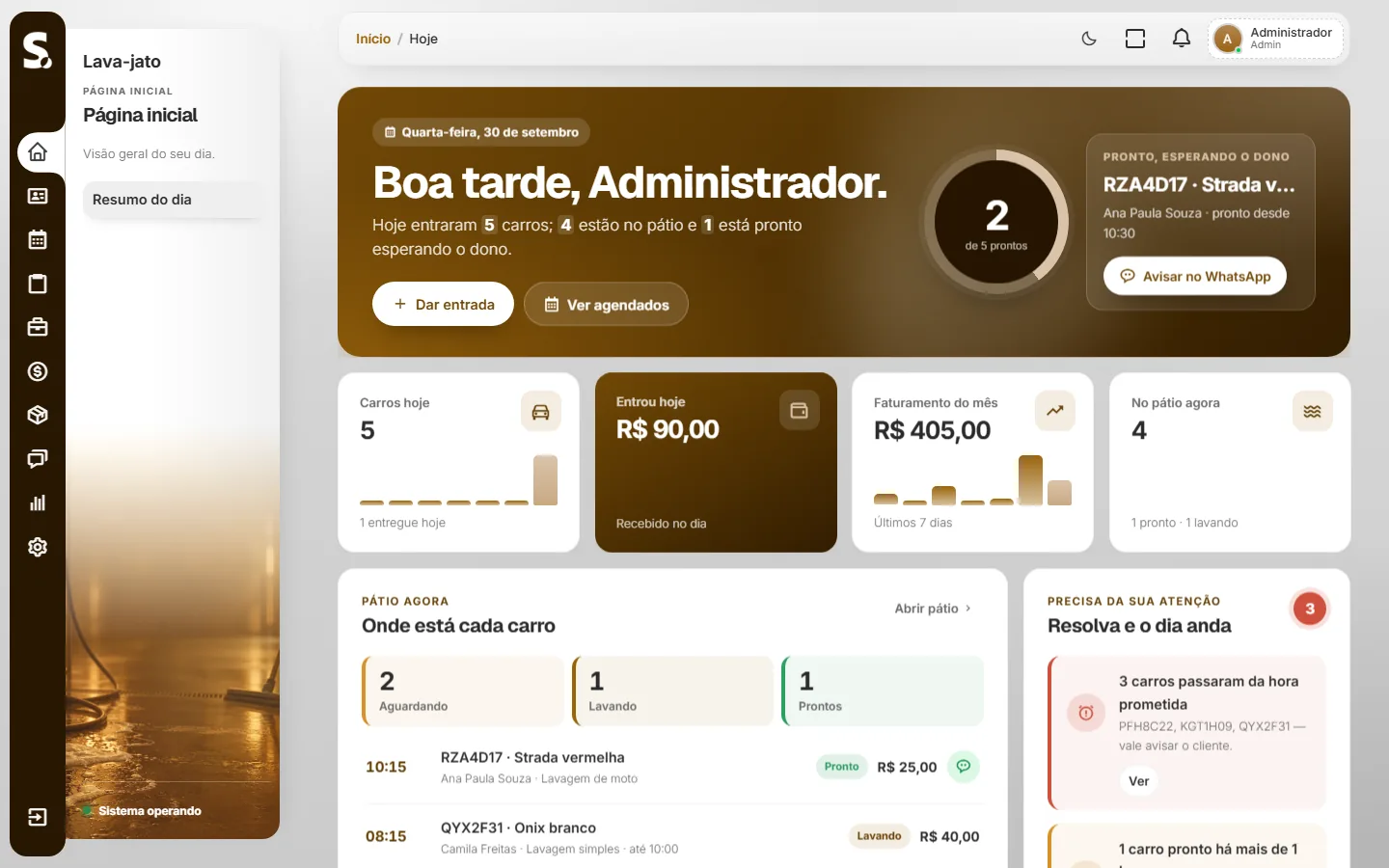 Painel do SWSIS para lava-jato no computador