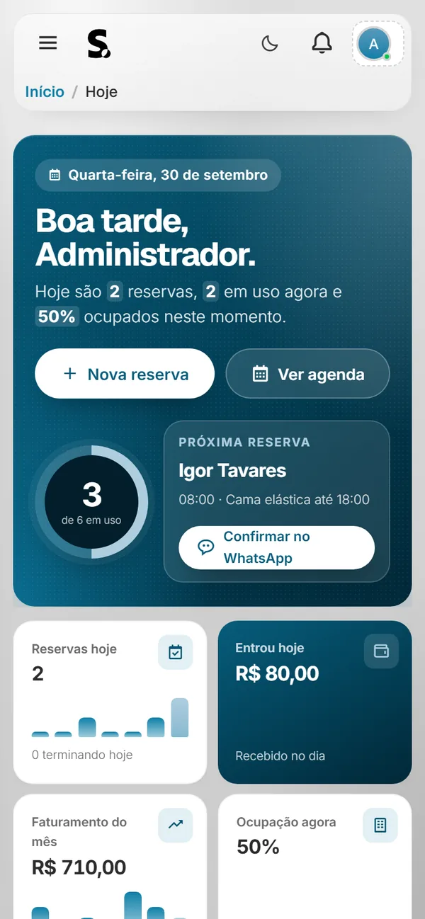 Painel do SWSIS para locação de equipamentos e festas no celular