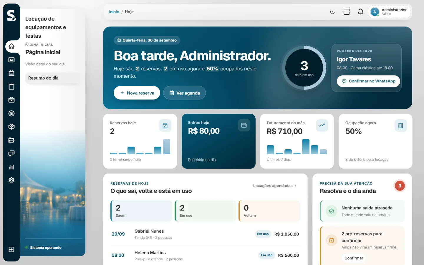 Painel do SWSIS para locação de equipamentos e festas no computador