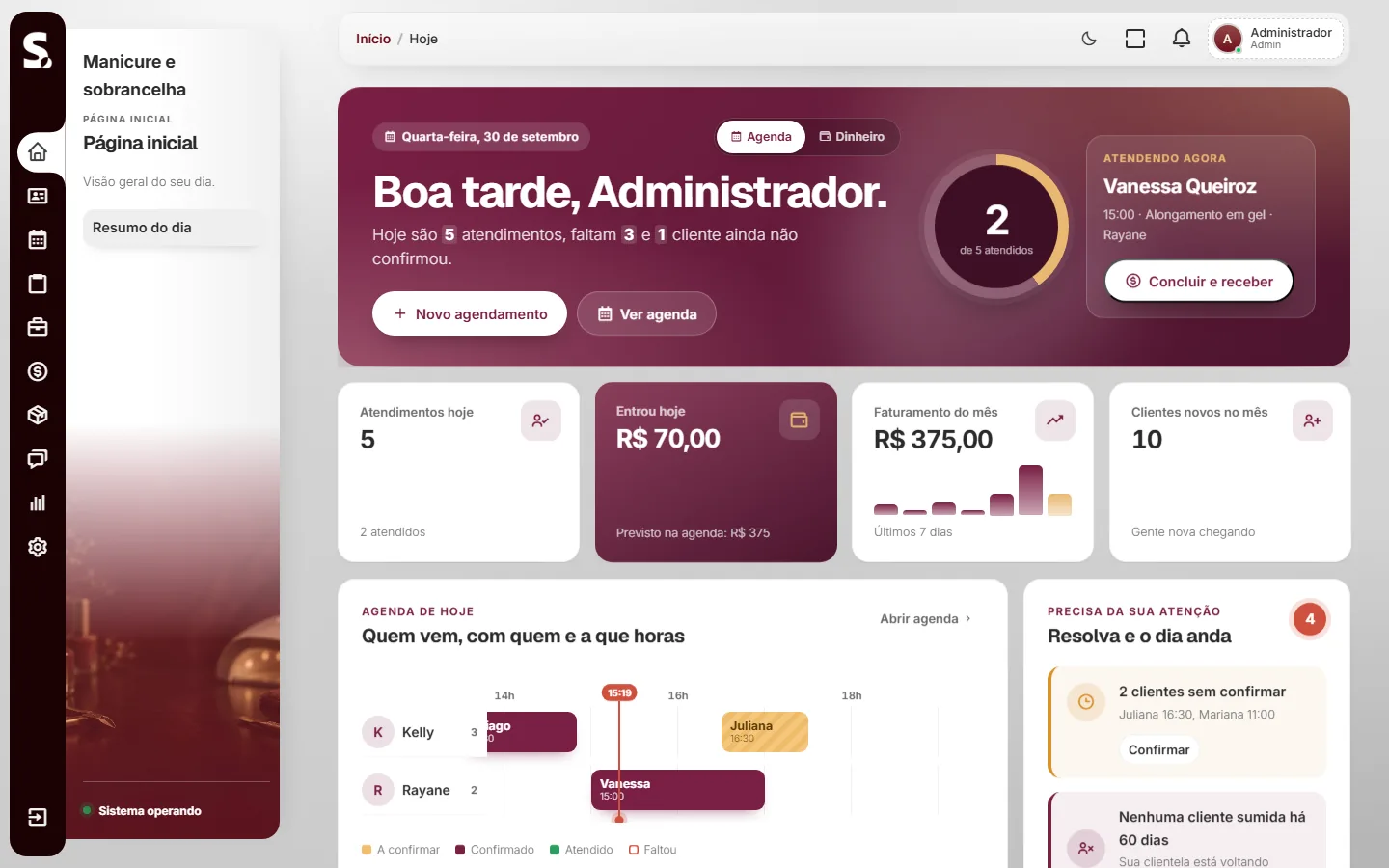 Painel do SWSIS para manicure e sobrancelha no computador
