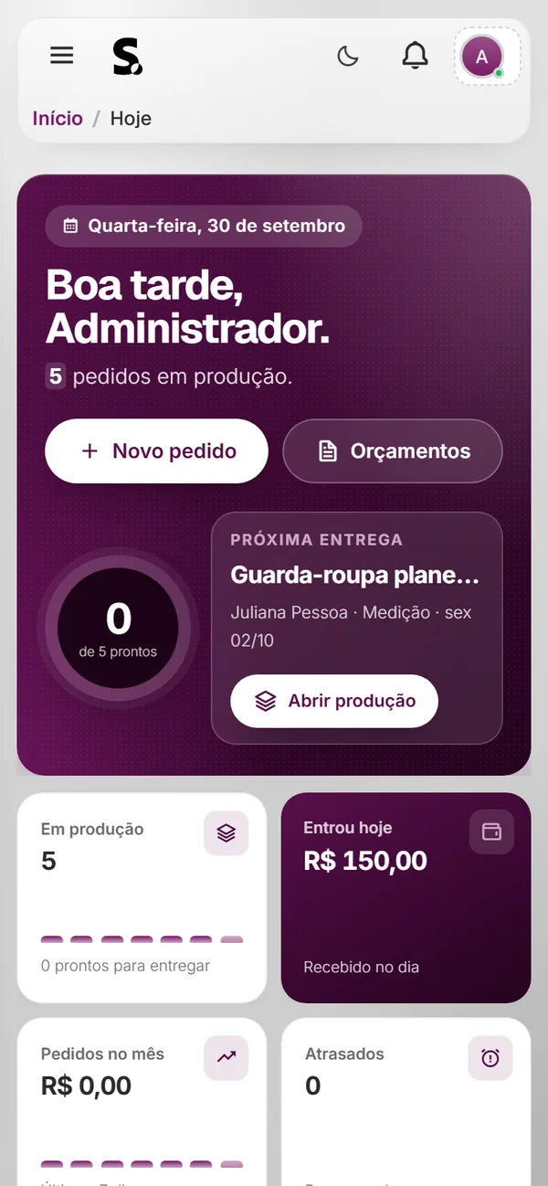 Painel do SWSIS para marcenaria e serralheria no celular