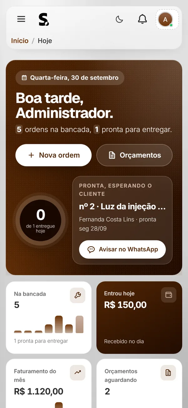 Painel do SWSIS para oficina mecânica no celular