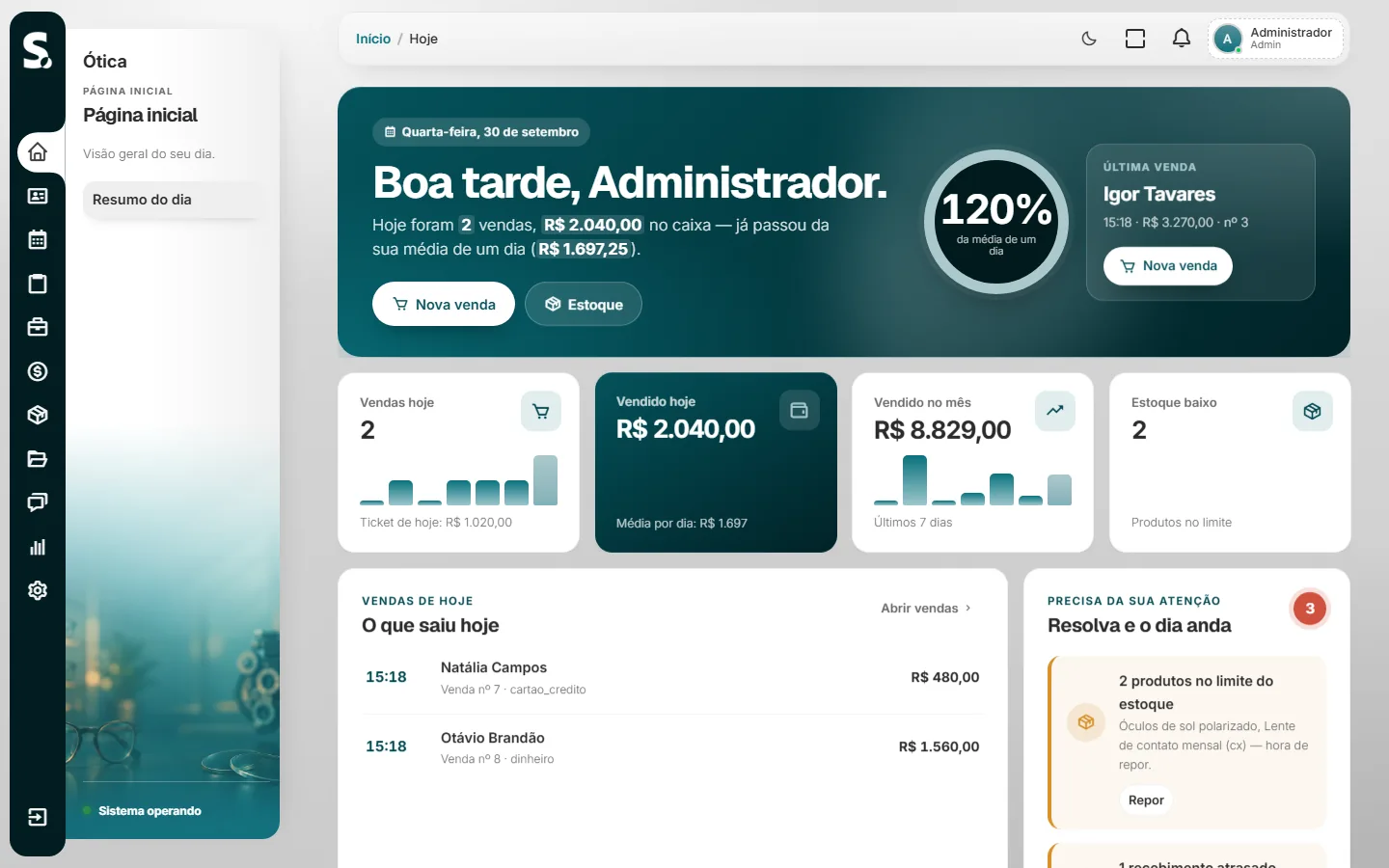 Painel real do SWSIS para ótica no computador