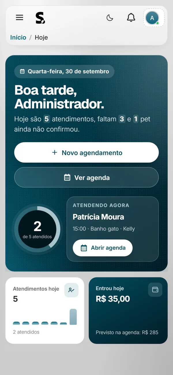 Painel real do SWSIS para pet shop no celular