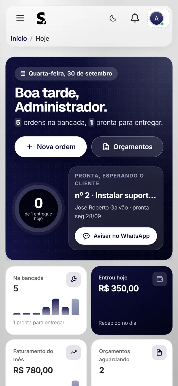 Painel do SWSIS para serviços em domicílio no celular