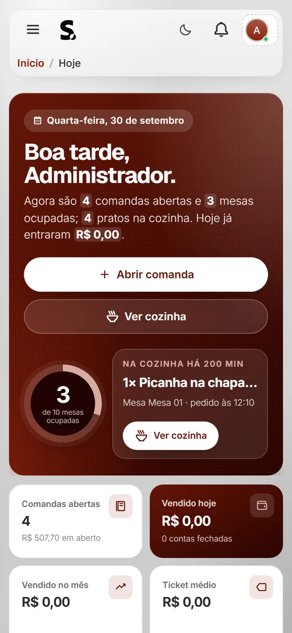 Painel do SWSIS para restaurante, lanchonete e delivery no celular