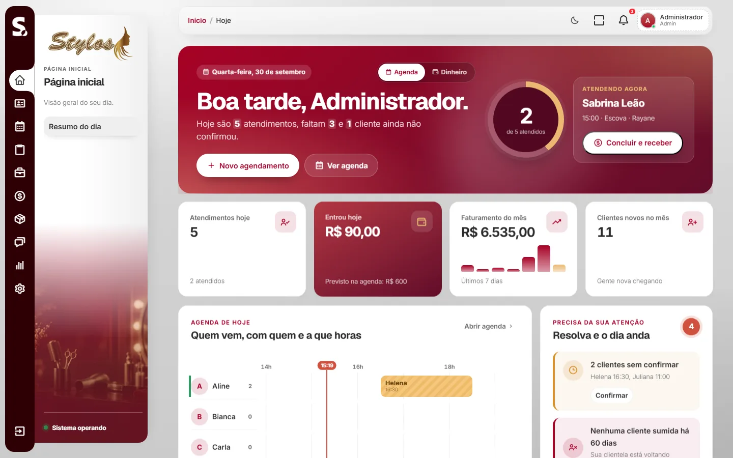 Painel do SWSIS para salão de beleza no computador