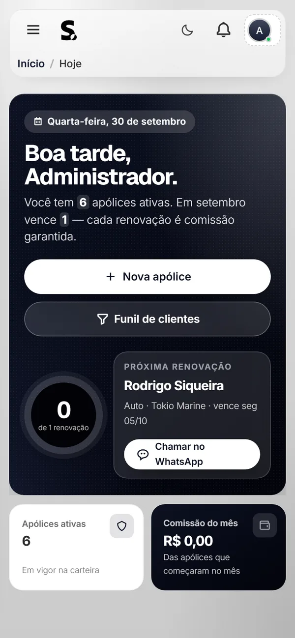 Painel do SWSIS para corretor de seguros no celular