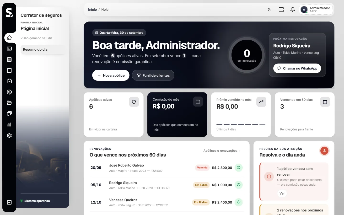Painel do SWSIS para corretor de seguros no computador