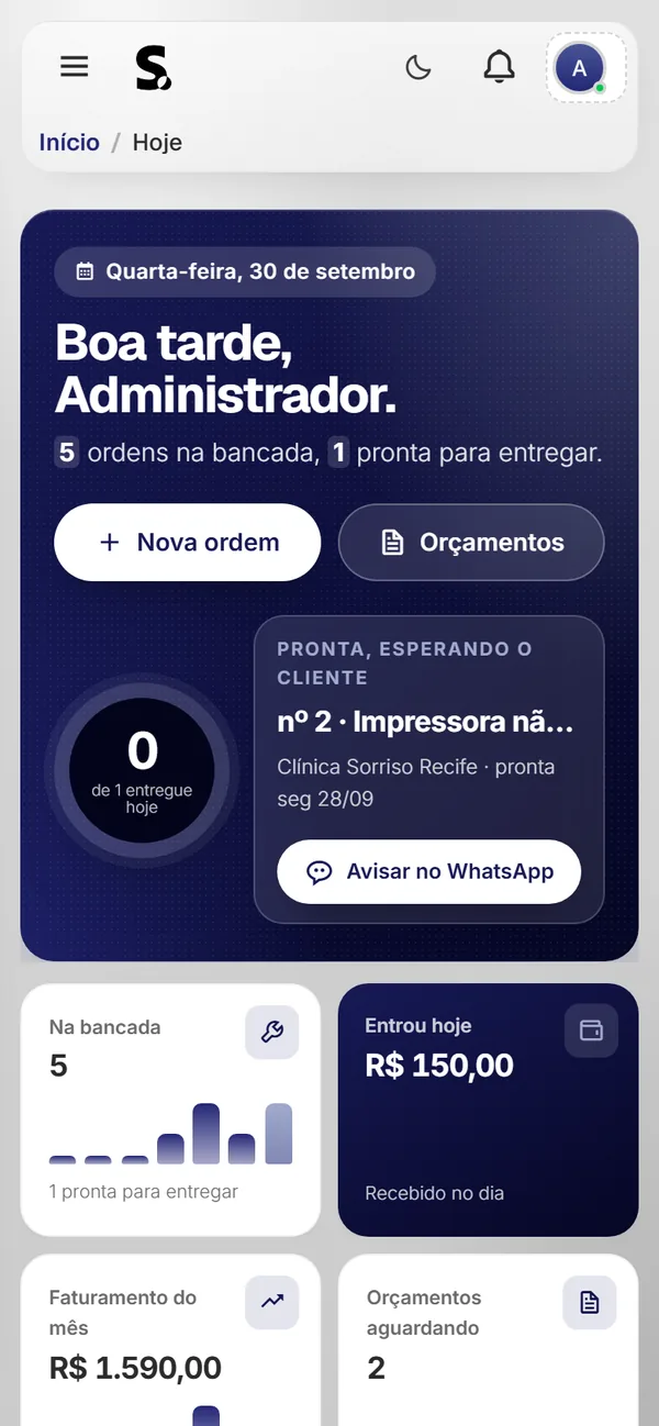 Painel do SWSIS para suporte de ti no celular