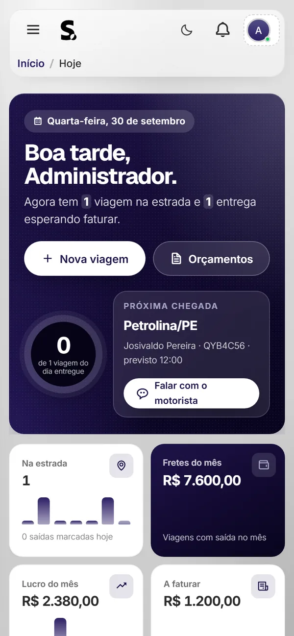 Painel do SWSIS para transporte e frete no celular