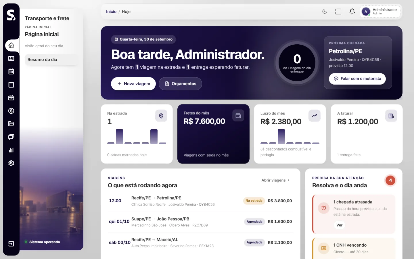 Painel do SWSIS para transporte e frete no computador