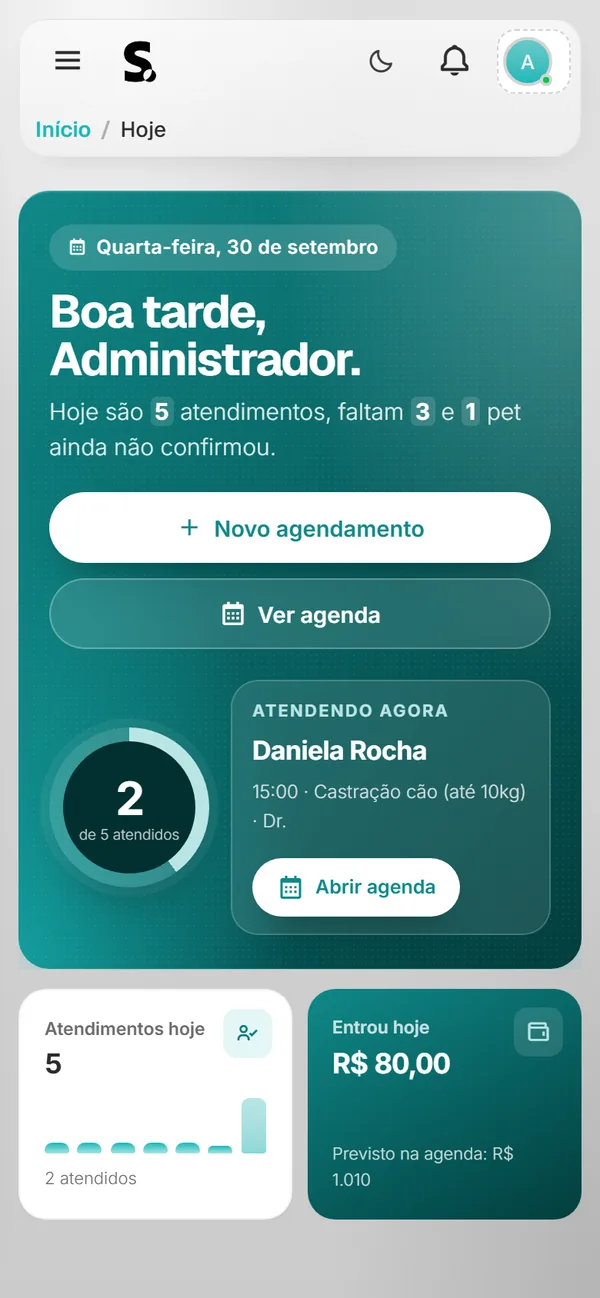 Painel do SWSIS para clínica veterinária no celular