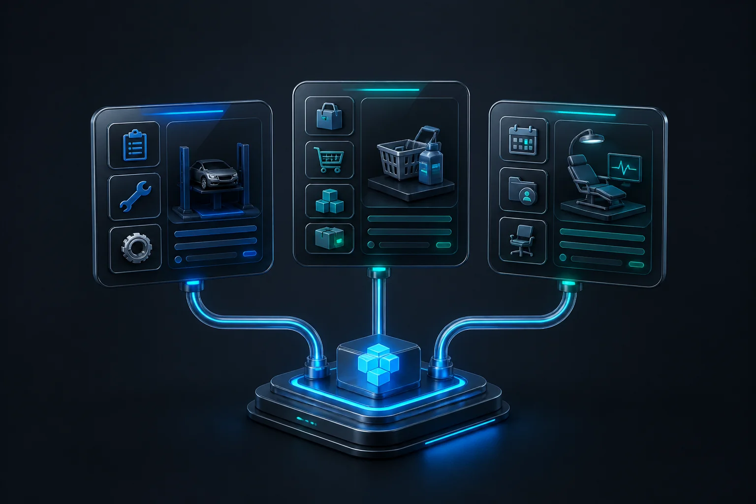 Uma base modular do SWSIS conectada a configurações para oficina, comércio e clínica